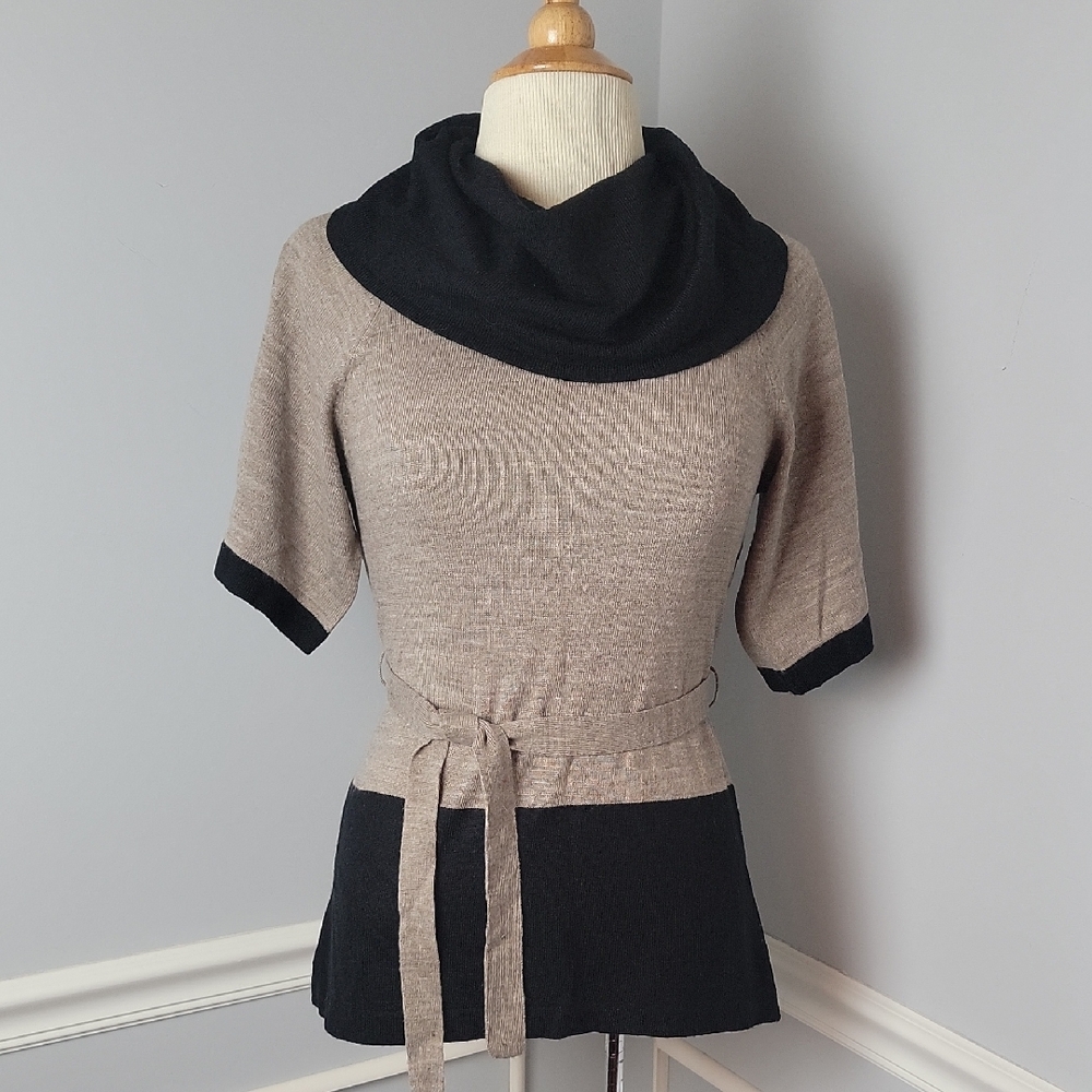 THE LIMITED Black Tan Color Block‎ Cowl Neck Short Sleeve Boho Belted Sweater XS